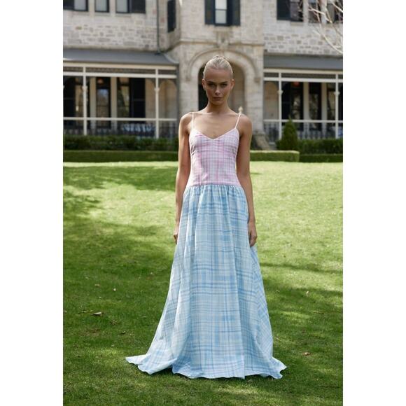NWT Aston Studio Agatha Maxi Dress Sz 10 Blue Pink Baby Check Powder Print $680 - Picture 1 of 9